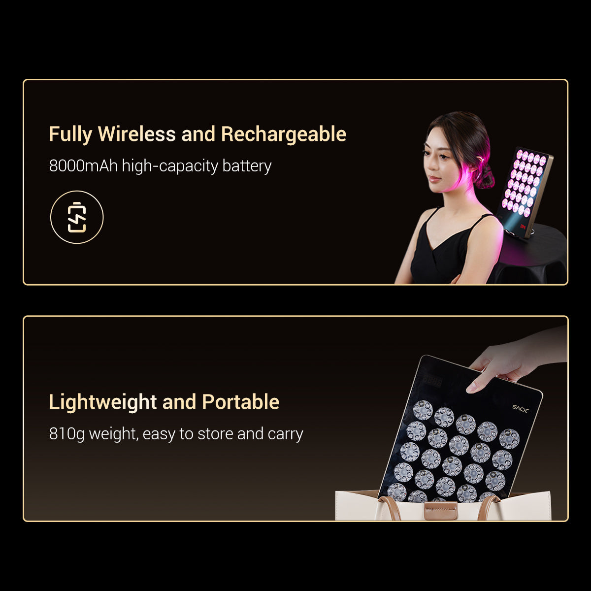 Compact and rechargeable JOVS Alva LED light therapy panel, wireless with high-capacity battery for skin care.