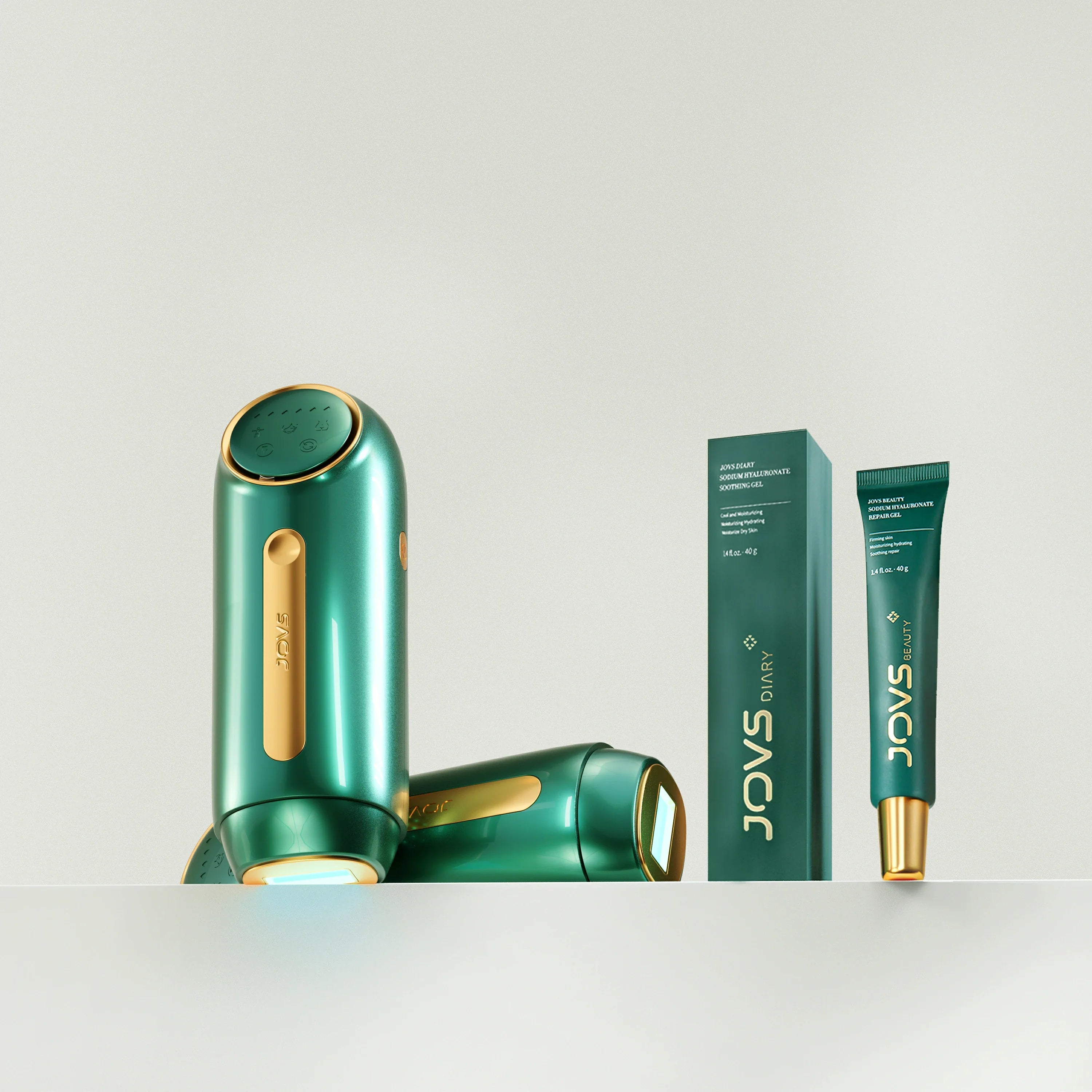 JOVS Mini wireless IPL hair removal device with skincare products for a complete beauty routine.