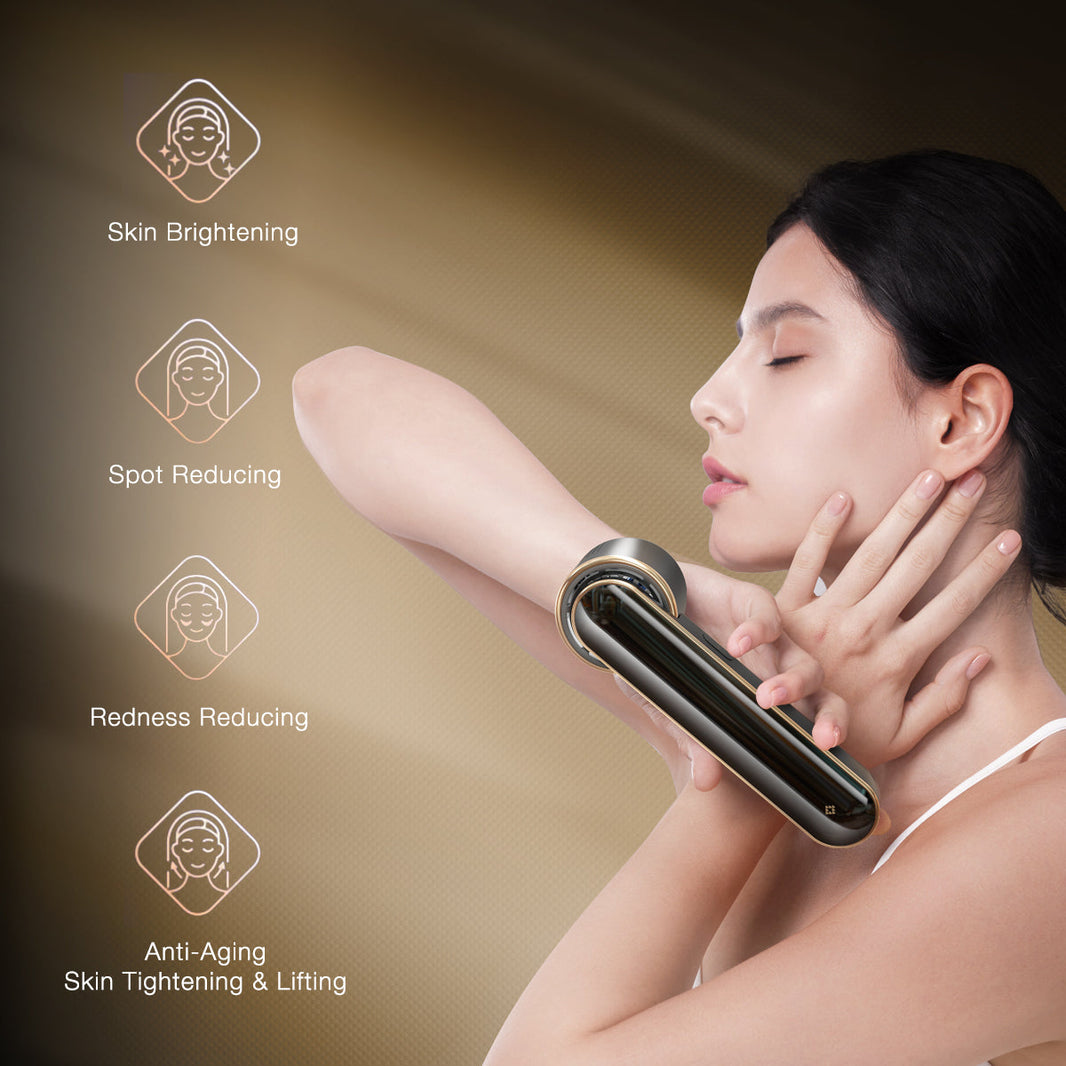 Woman receiving skin brightening and anti-aging treatment with JOVS Blacken DPL Photofacial Device.