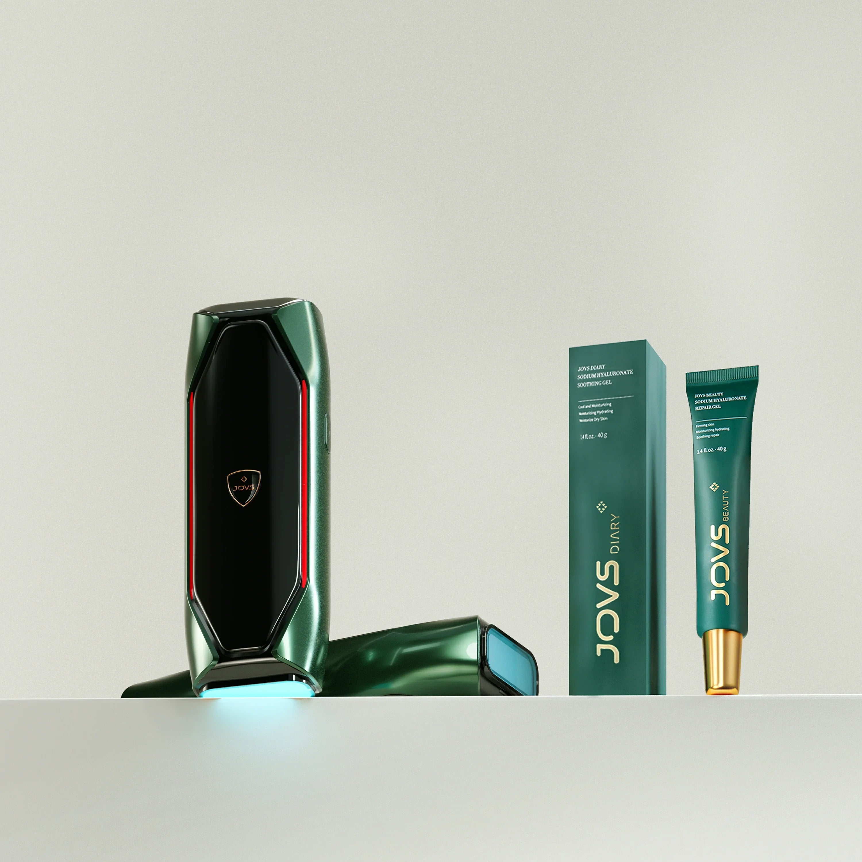 Kit of JOVS X 3-in-1 IPL hair removal device with accompanying skincare products, highlighting comprehensive hair treatment.