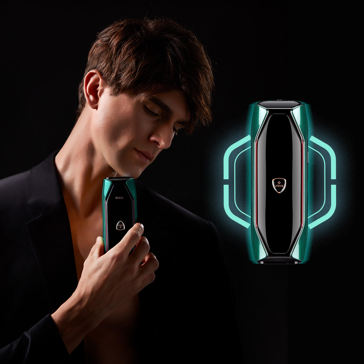 Man with JOVS X 3-in-1 hair removal handset, showcasing the best IPL technology for men's hair removal needs.