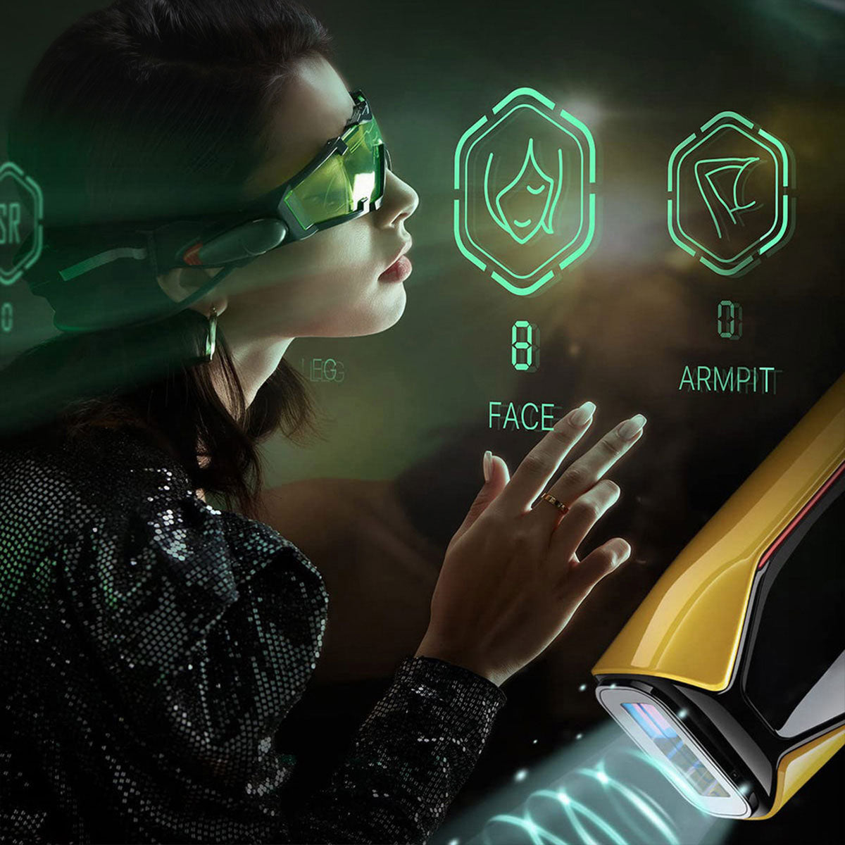 Woman showcasing JOVS X 3 in 1 IPL device with protective glasses, for face and armpit hair removal.