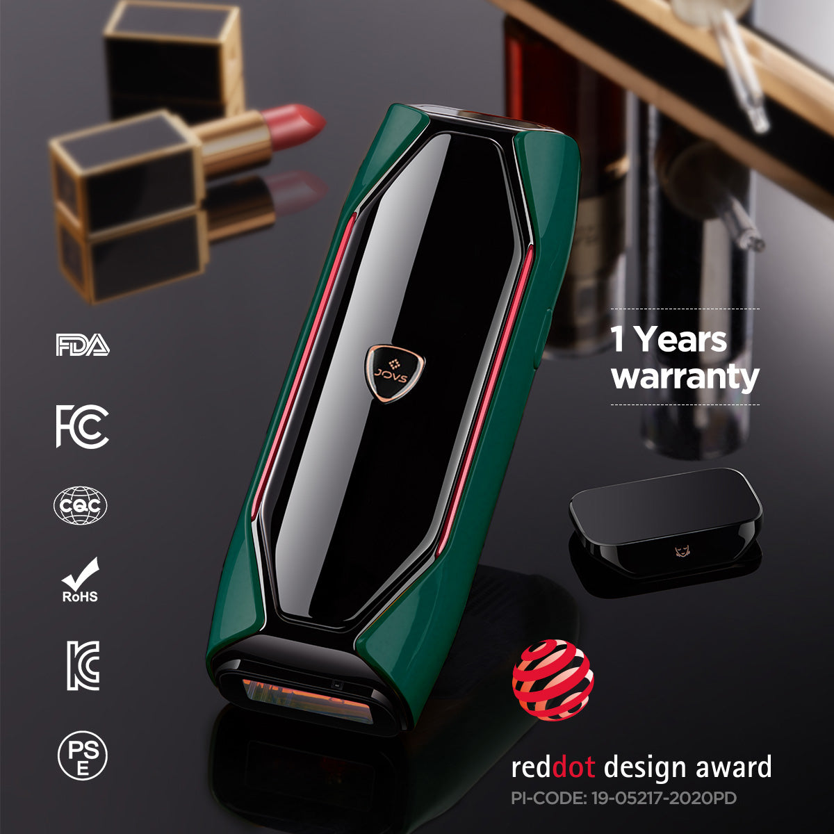 JOVS X IPL hair removal device with red dot design award and certifications.