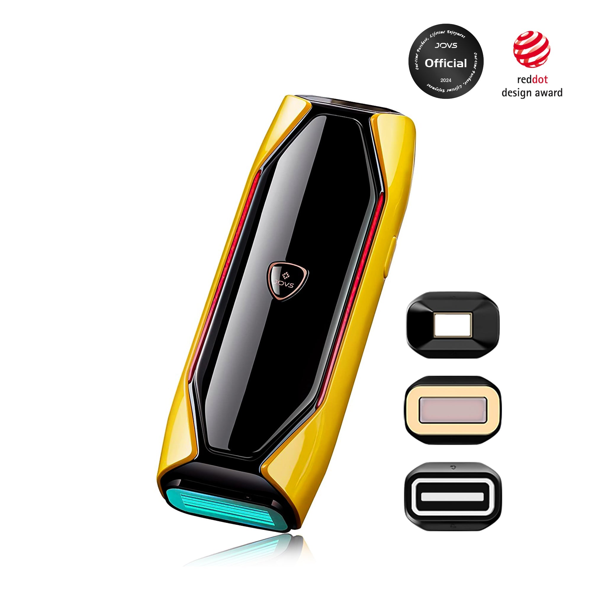 JOVS X 3-in-1 IPL hair removal device in Yellow is a multifunctional device with interchangeable heads.